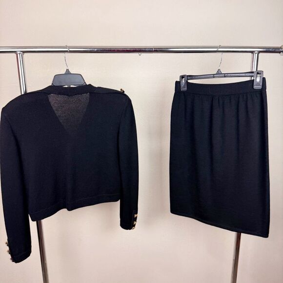 St John Collection Santana Knit Suit Skirt Black Crop Blazer Gold Buttons Small - Picture 6 of 6